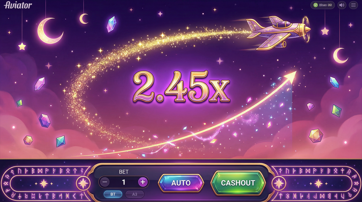 Jogo Aviator mostrando avião voando com multiplicador 2.45x em céu estrelado roxo e rosa